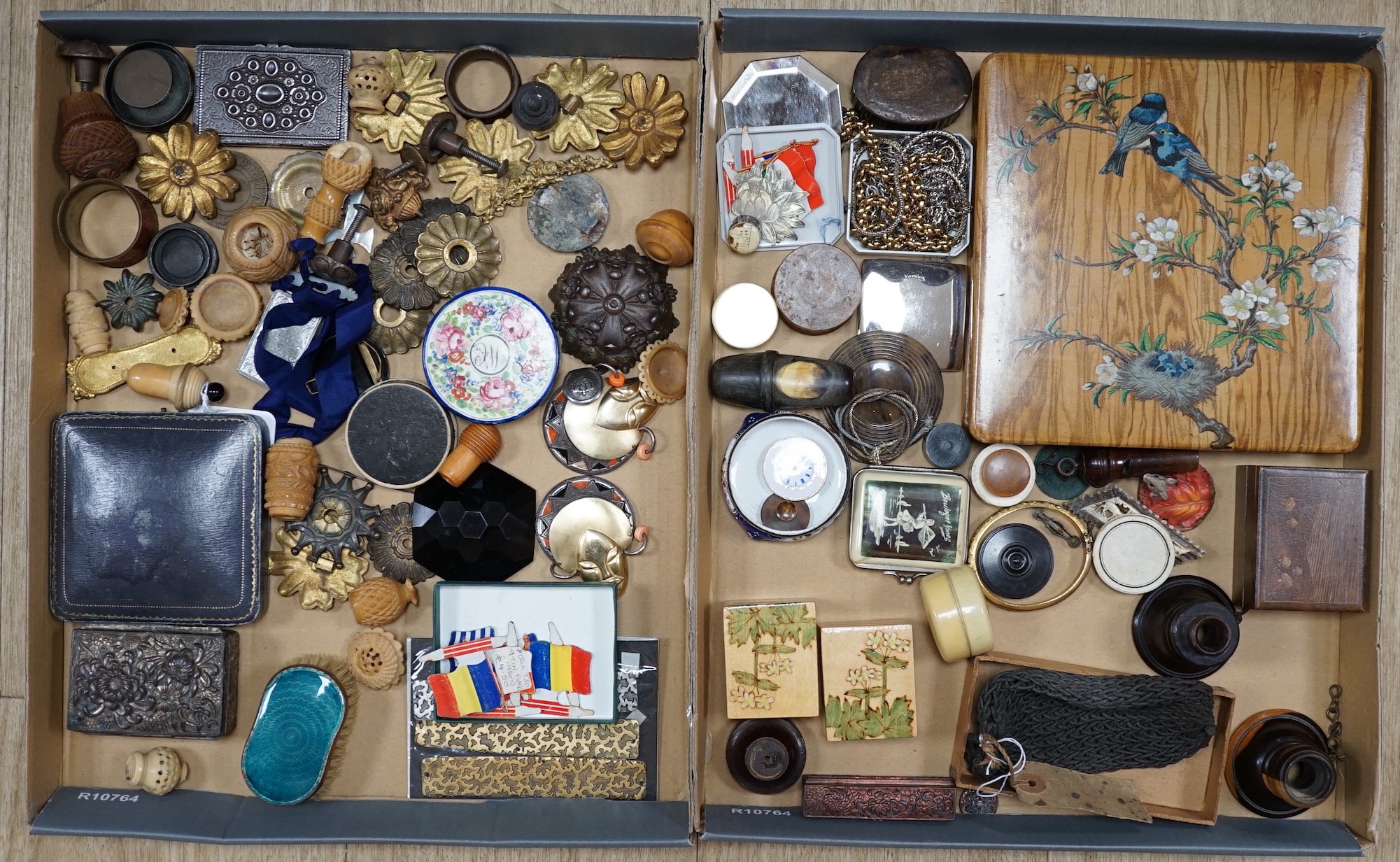 A collection of coquilla nut containers, various metal mounts, wooden and metal trinket boxes, mixed collectibles and jewellery